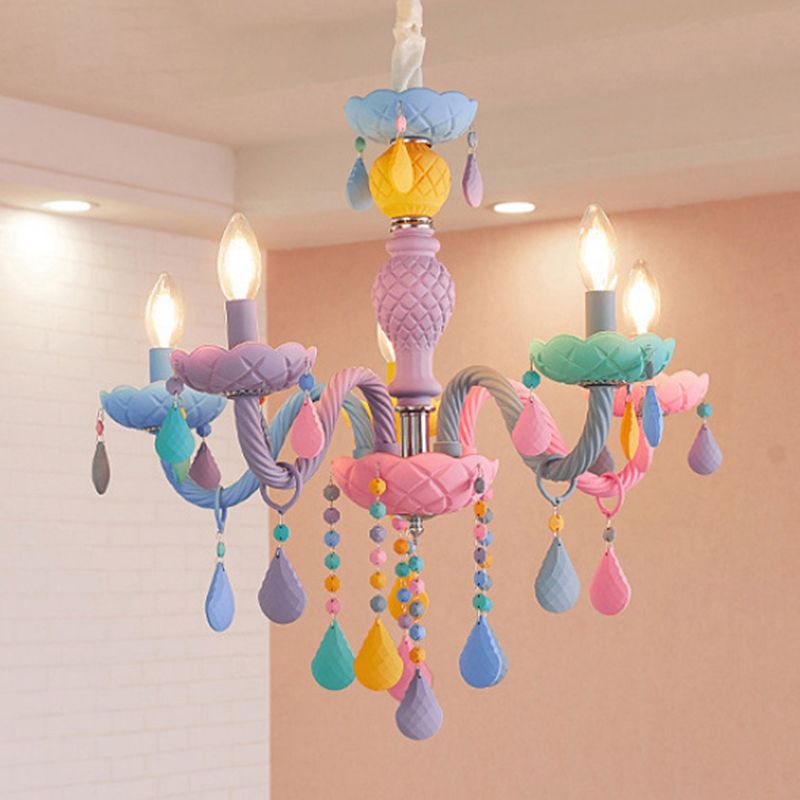 Bedroom Macaron Pendant Light in Modern Creative Style Wrought Iron Chandelier with Crystal Decoration