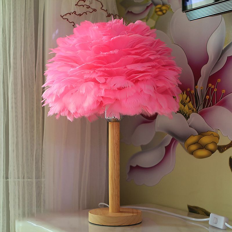 Feather Flower-Like Night Lamp Modern 1-Light Grey/Blue/Burgundy and Wood Table Light for Bedroom
