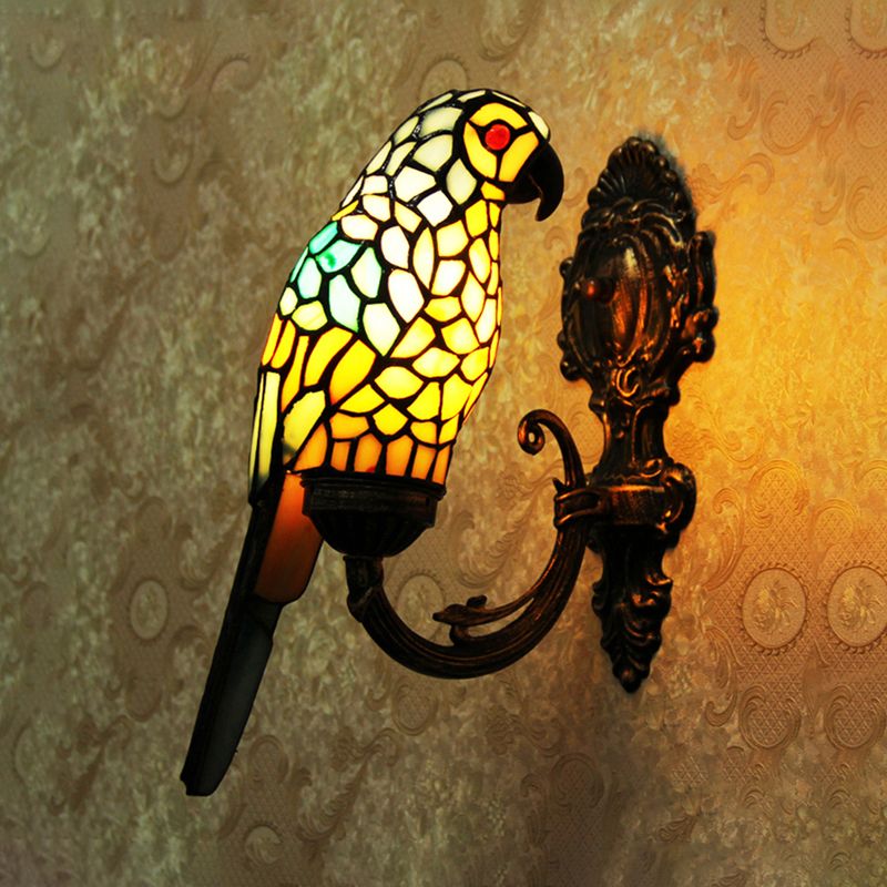 1 Light Parrot Wall Sconce Light Rustic Loft Stained Glass Wall Lighting in Red/Blue for Bedroom