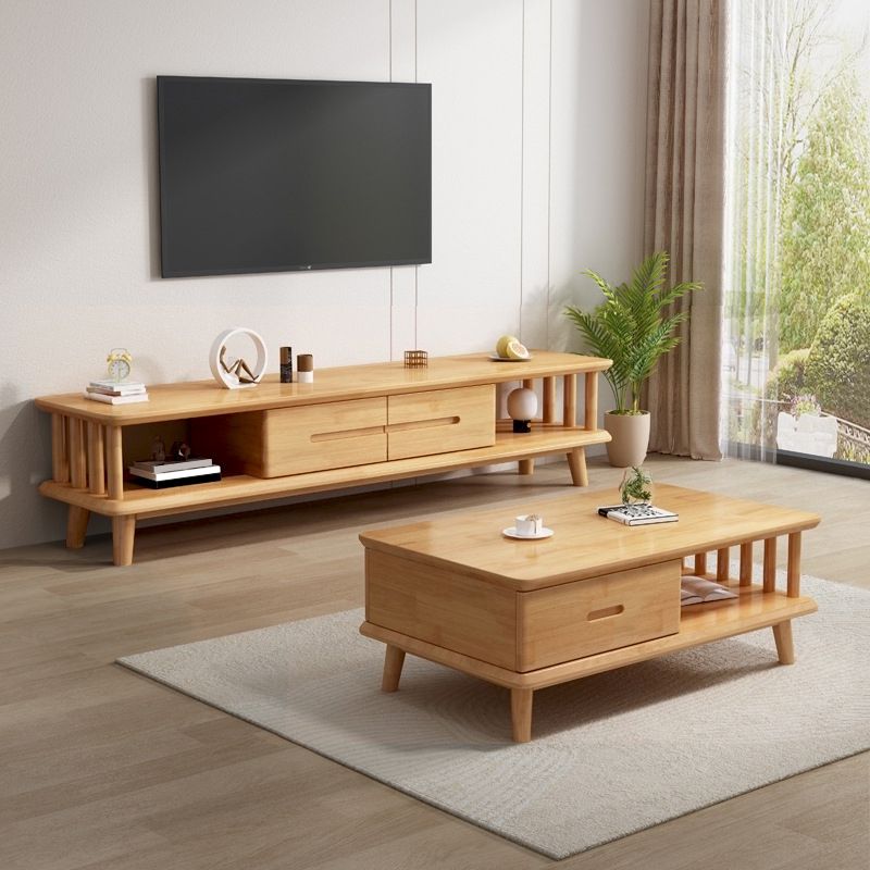 Scandinavian Solid Wood Coffee Table with 4 Legs and 2 Drawers