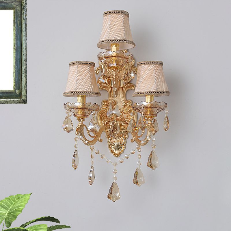 Bell Fabric Wall Sconce Classic 3 Lights Living Room Wall Light in Gold with Dangling Crystal