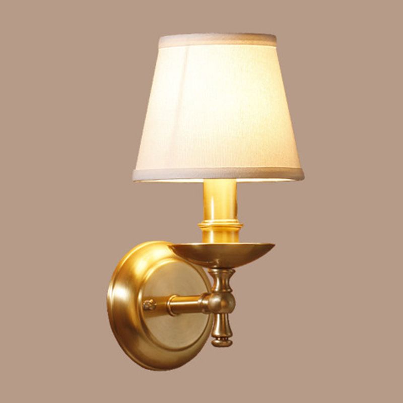 Gold 1 Bulb Wall Mount Light Traditional Fabric Tapered Shade Wall Lamp Fixture for Bedroom