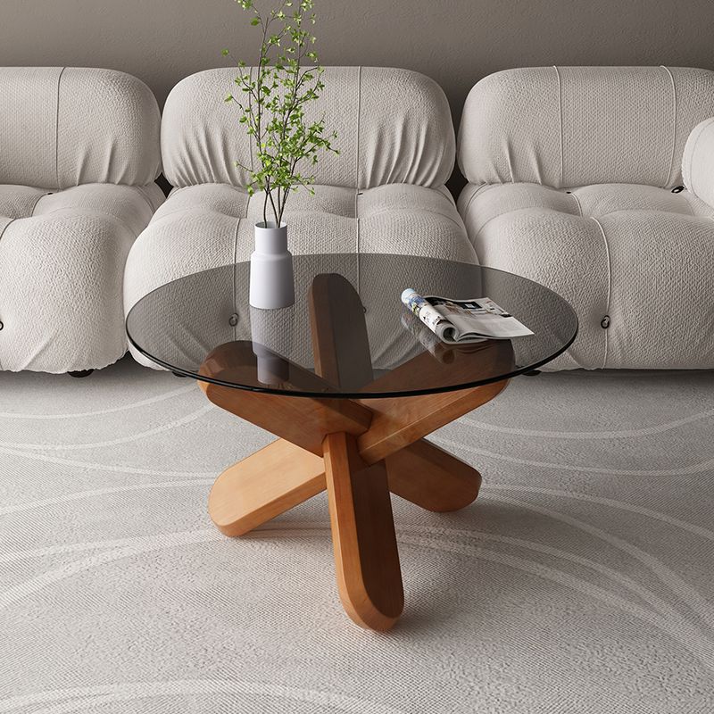Modern Round Glass Top Coffee Table with Abstract Wooden Leg