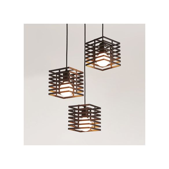 3 Lights Cubic Hanging Lamp with Cage Shade Retro Industrial Black/White Metal Pendant Lighting