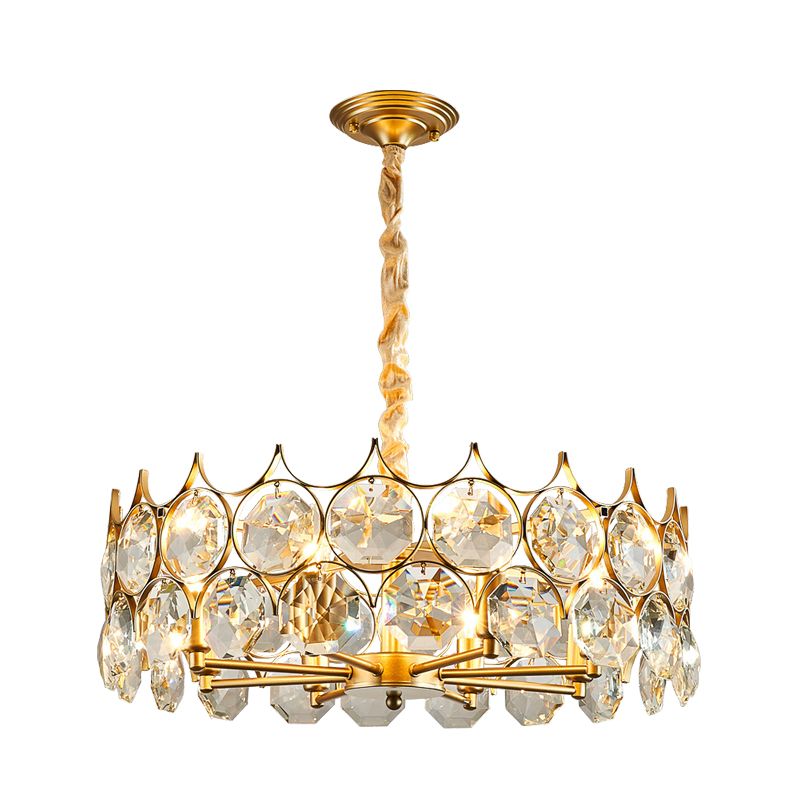 Minimalist Drum Pendant Chandelier 8 Bulbs Faceted Crystal Ceiling Hang Fixture in Gold
