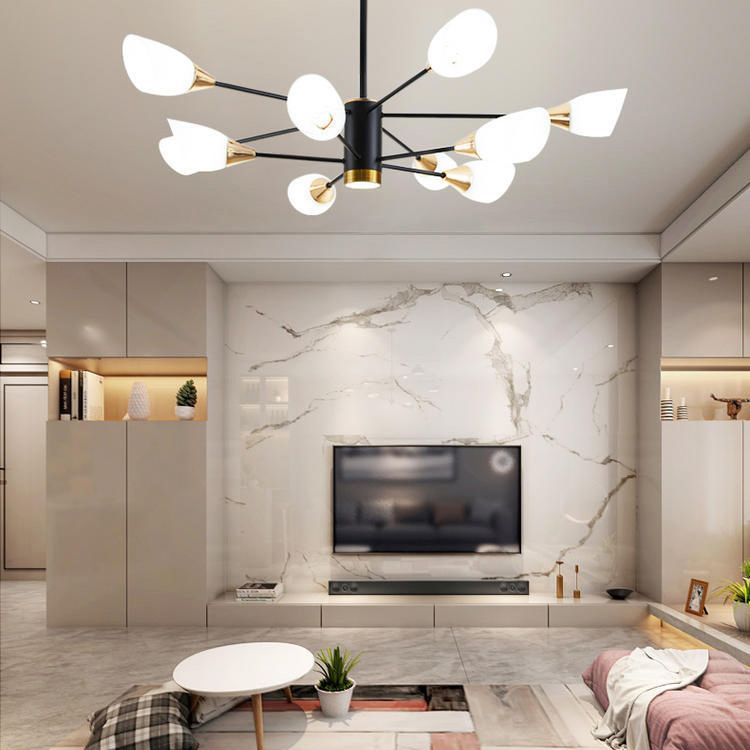 Moderner Kronleuchter mit Opal gefrosteter Glasschatten schwarzer Anhänger Beleuchtung für Esszimmer Schlafzimmer