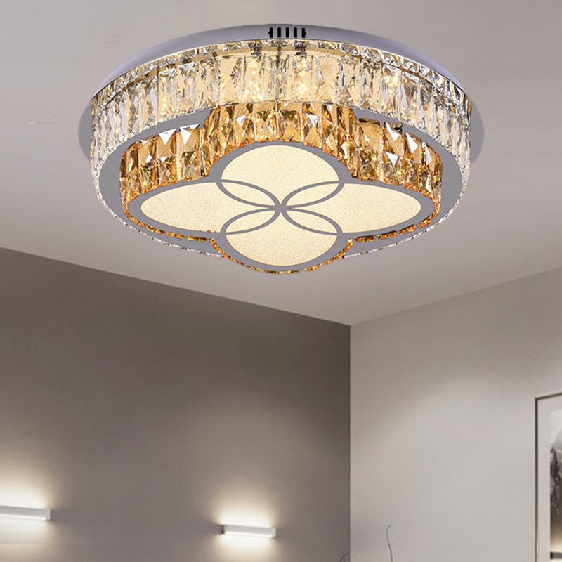 Clear Cut Crystals Circular Ceiling Light Modern LED Bedroom Flush Mount Lamp in Stainless-Steel with Flower/Square Design