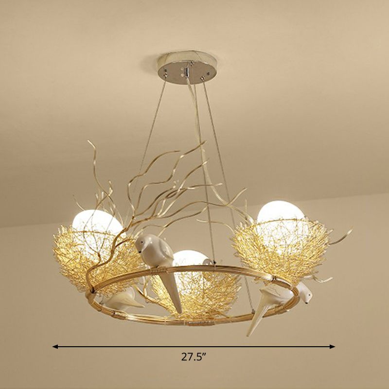 Artistic Bird Nest and Egg Chandelier Aluminum Dining Room Pendant Light in Gold