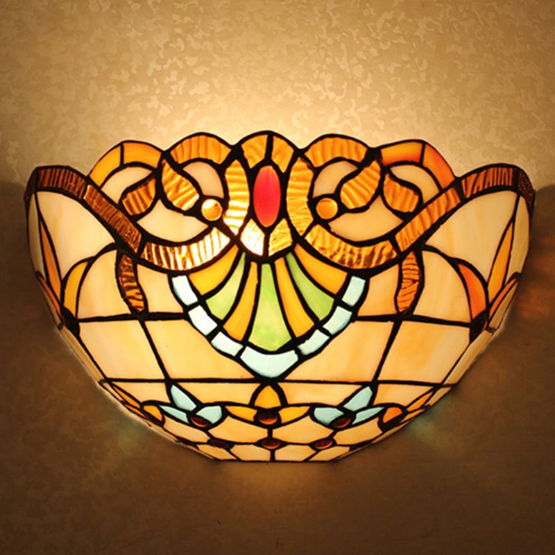 1-Head Flush Wall Sconce Tiffany Style Bowl Shade Stained Glass Wall Light Fixture