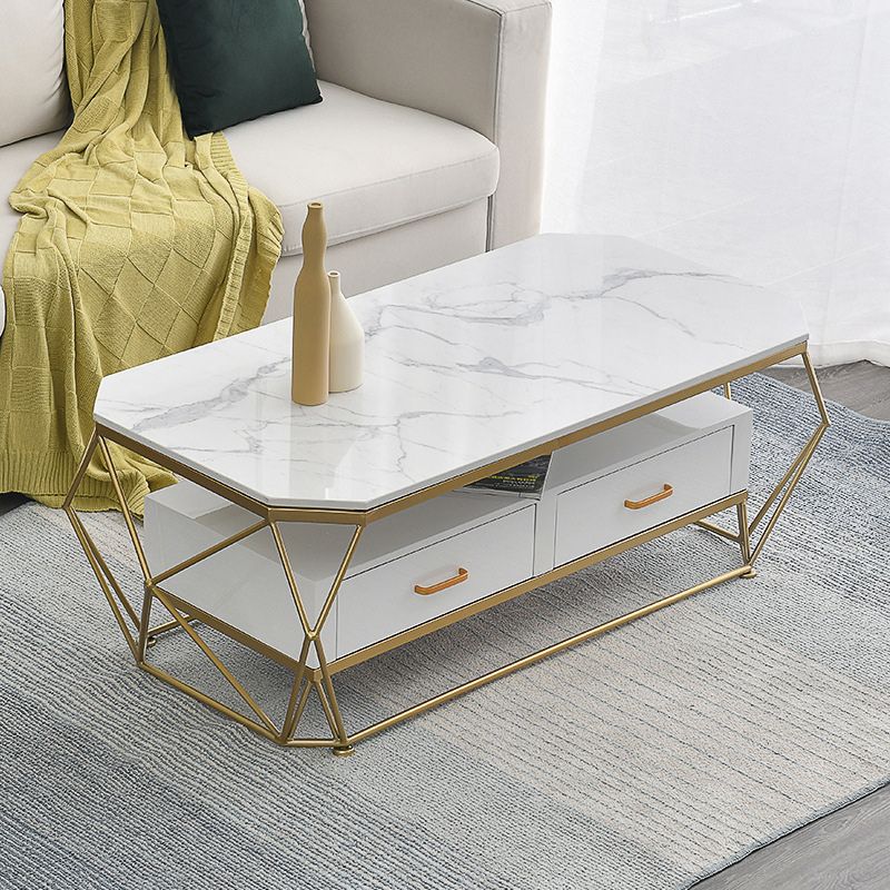 Glam Coffee Table with Glass/Marble Top and 2 Drawers and Iron Base