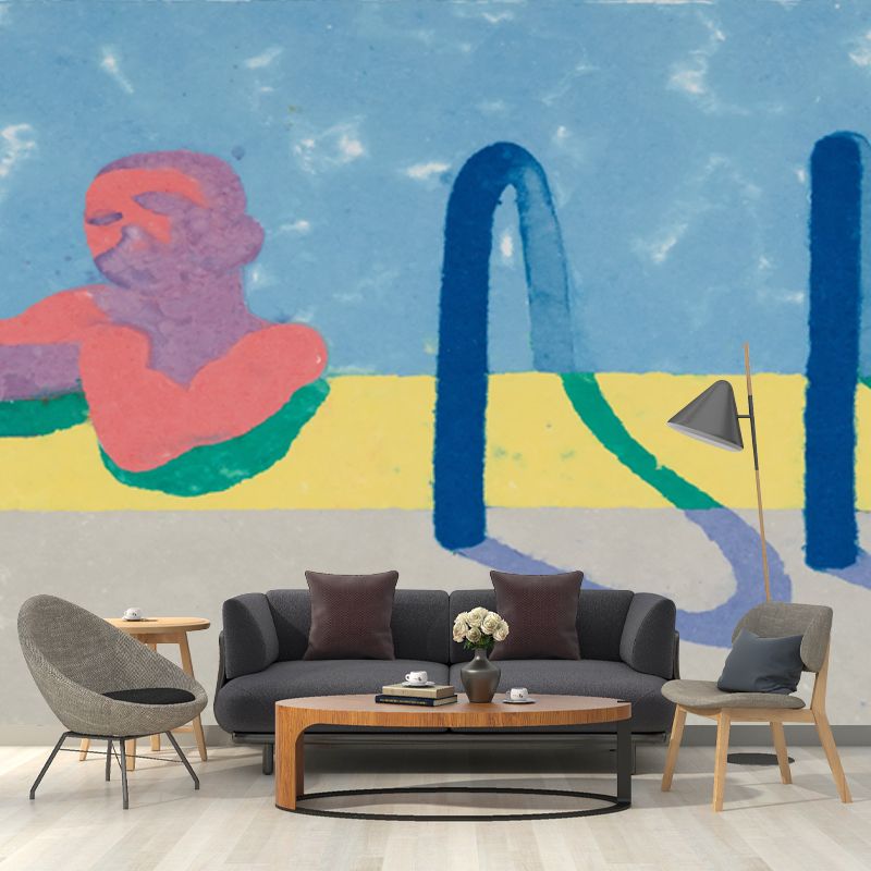 Gregory in the Pool Mural Decal Red-Yellow-Blue Pop Art Wall Covering for Bedroom