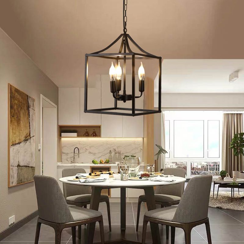 Lámpara de lámpara de metal de jaula colgante de 3 luces negras