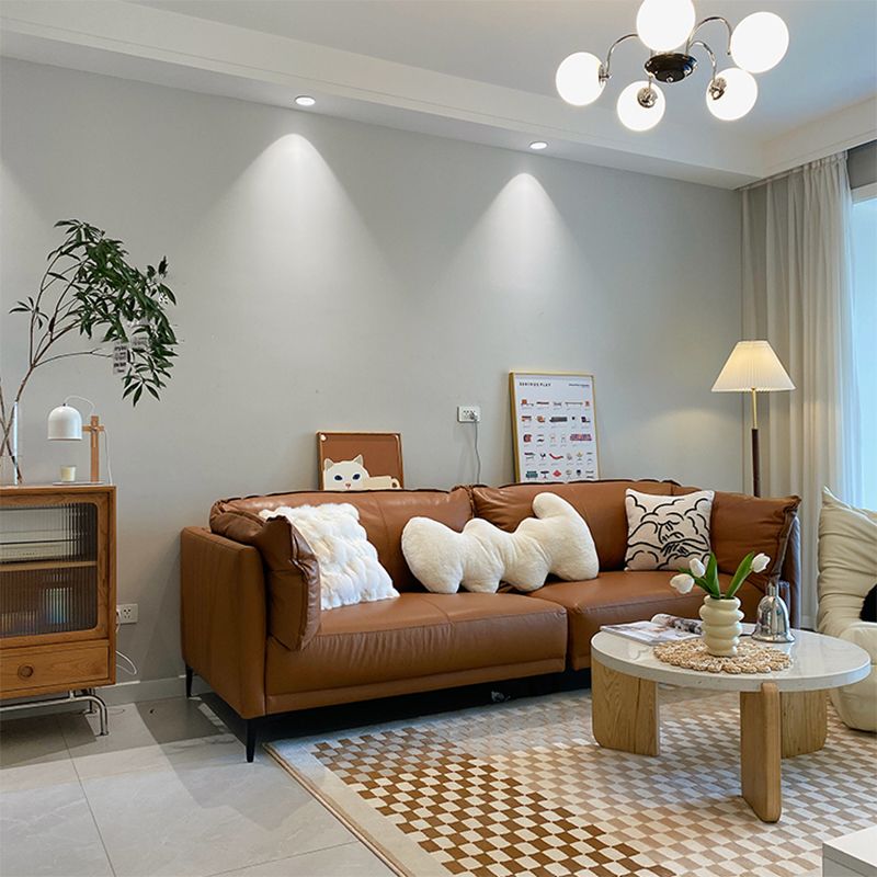 Contemporary Square Arm Sectional Genuine Leather Stationary Sectional Set