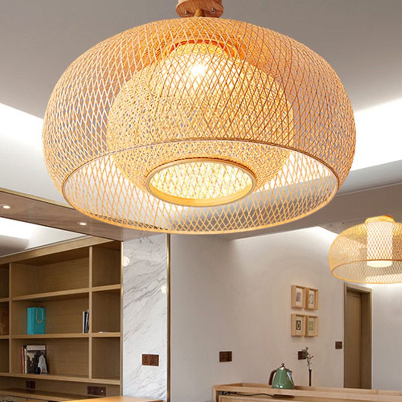 Japanese Hand Woven Semi-Flush Mount Bamboo 1 Head Close to Ceiling Lamp in Wood
