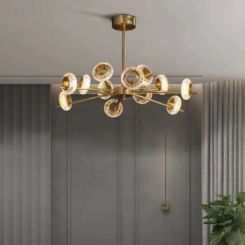 Crackled Crystal Glass Rings Pendant Lighting Postmodern Brass Finish Chandelier for Diner