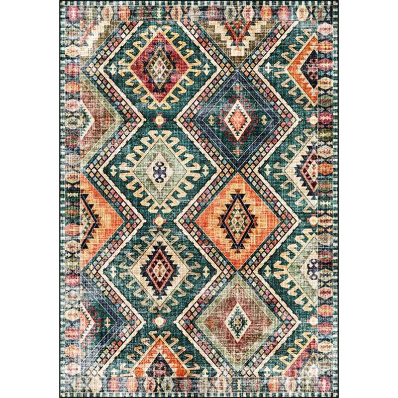Retro Tribal Pattern Rug Green Polyester Rug Machine Washable Non-Slip Backing Area Rug for Living Room