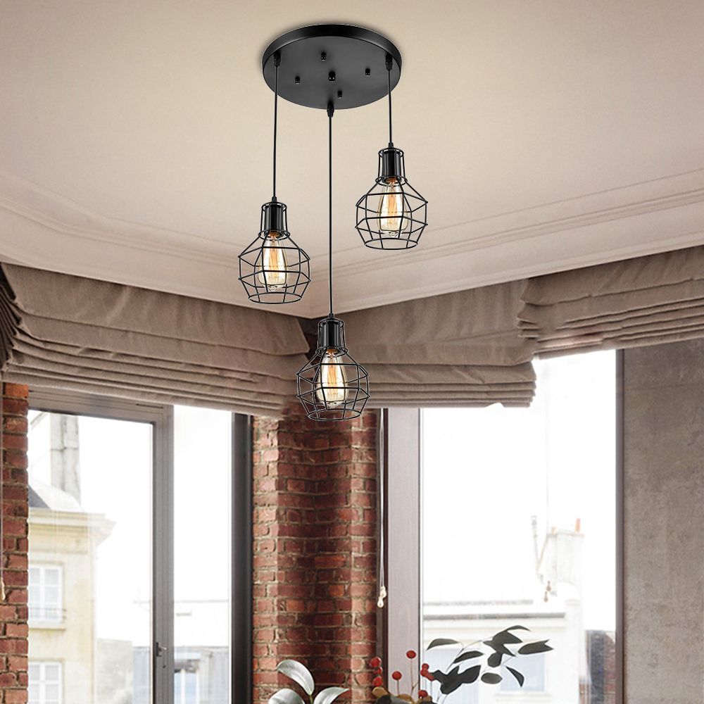 3/7 Heads Hanging Lamp Vintage Global Cage Shade Metallic Pendant Lighting with Round Canopy in Black