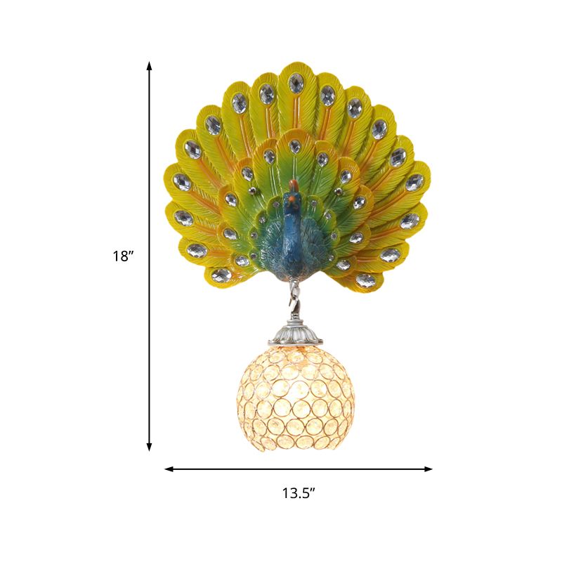 Crystal Globe Sconce Light Fixture Traditional 1 Light Bedroom Wall Mounted Light with Blue/Gold/White Peacock Backplate