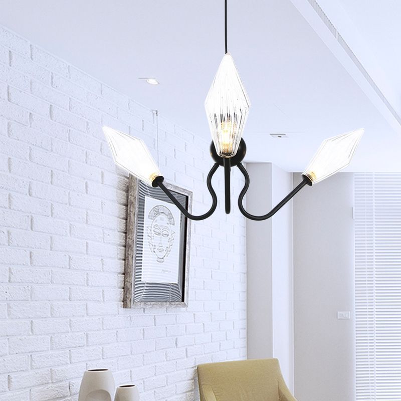Bernstein/Clear Glass Diamond Hanging Lampe Vintage 3-Kopf-Schwarz/Chrom-Oberflächenleuchte mit einstellbarem Kabel