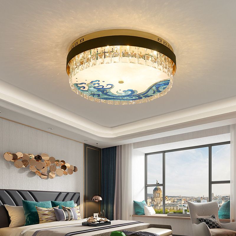 Creative Modern Drum Flush Mount Lamp Crystal Block Bedroom LED Ceiling Light in Brass