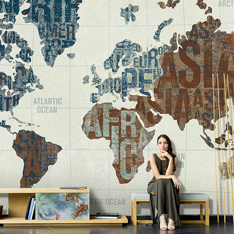 Large illustration Contemporary Mural Wallpaper for Living Room with Brown and Blue World Map