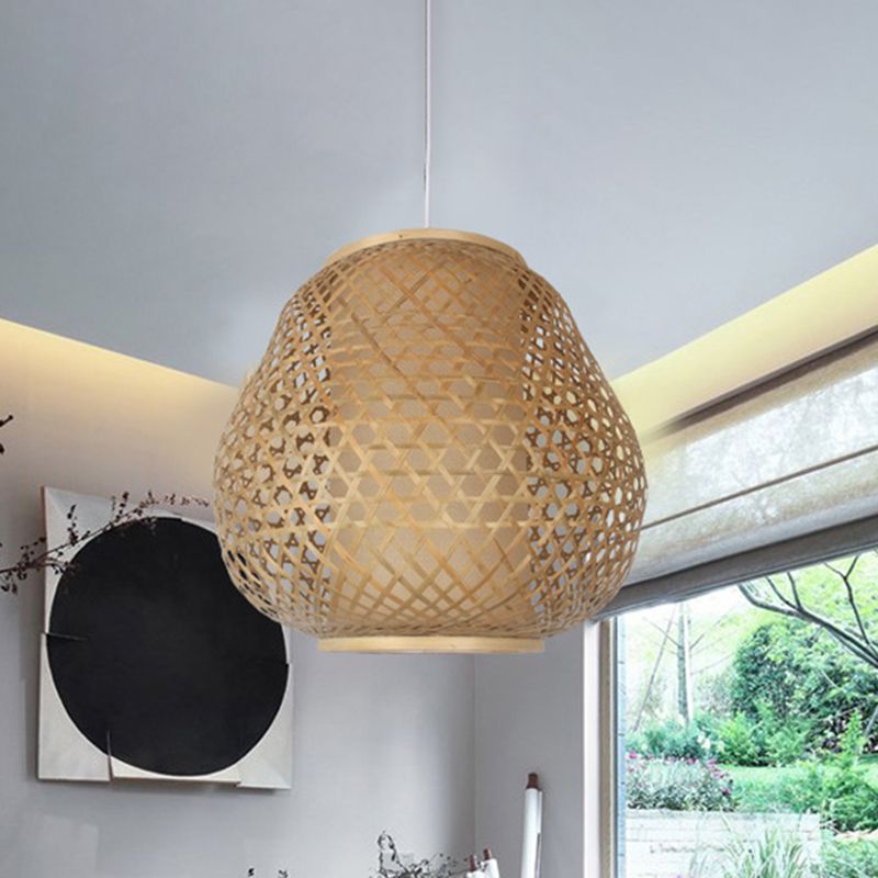 Asian 1 Bulb Pendant Lighting Beige Teardrop Hanging Ceiling Light with Bamboo Shade