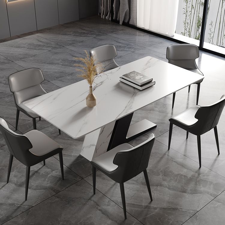 Mesa de cocina rectangular moderna de piedra sinterizada, mesa superior de piedra blanca con pedestal doble