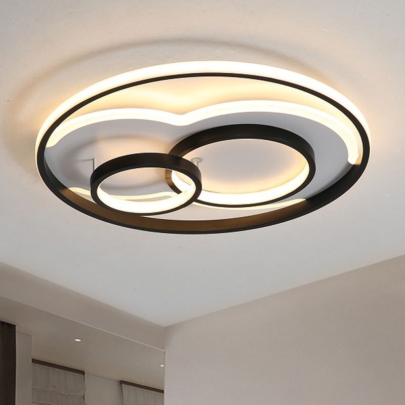 Black/White 3 Ring Close to Ceiling Lamp Modern LED Metal Flush Mount Light in White/Warm Light, 16"/19.5"/23.5" Wide