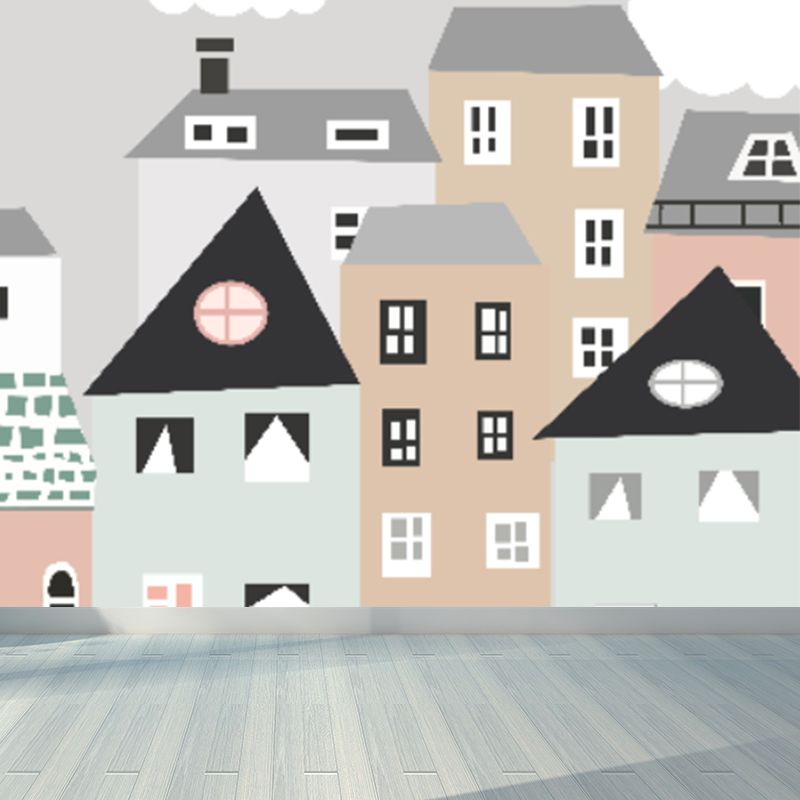 Childrens Art Houses Mural Decal Grey Stain Resistant Wall Covering for Living Room