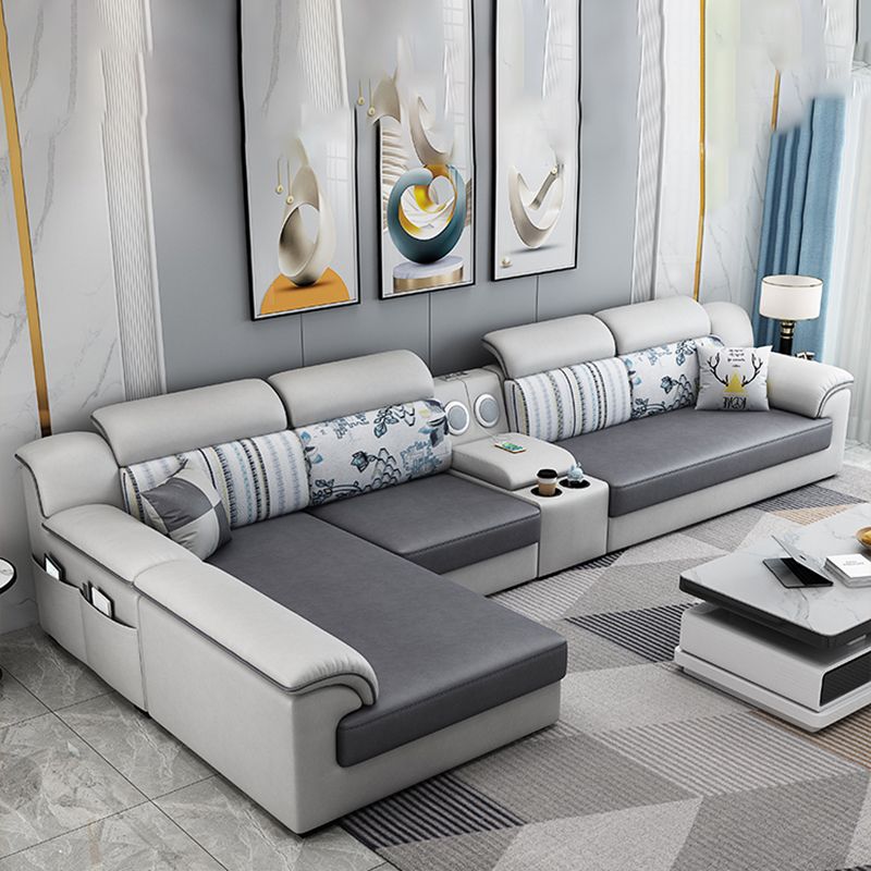 Gray Faux Leather Sectional L-shape Pillow Top Arm Sectional