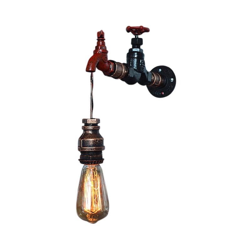 Steampunk Style Open Bulb Wall Hanging Light with Faucet 1 Light Iron Wall Mount Fixture in Bronze