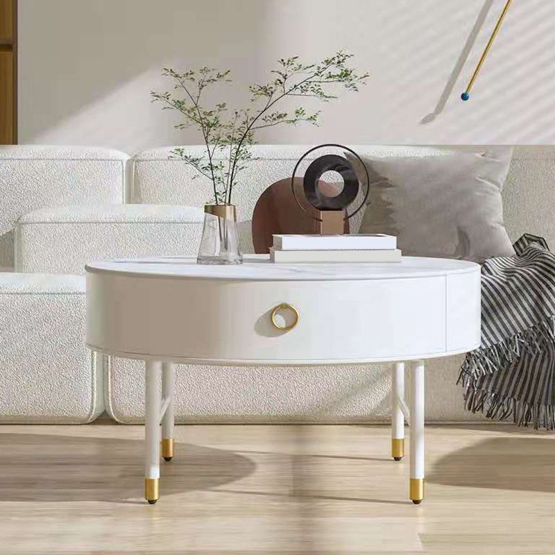 Round Slate Top Cocktail Table 1-Drawer 4 Legs Coffee Table in White of 17.7" H
