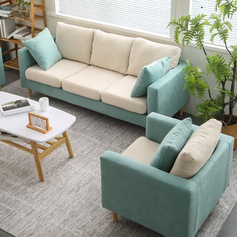 Contemporary Sofa with 2 Pillows Square Arm Living Room Fabric Seating