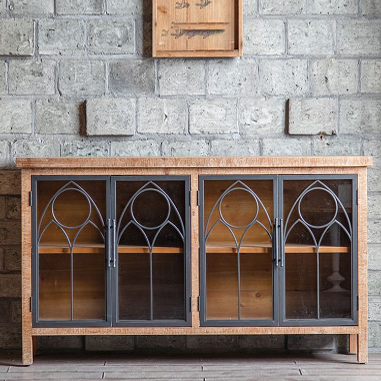 Distressed Brown Drawers Included Cabinet Glass Paned Wood & Iron Accent Cabinet