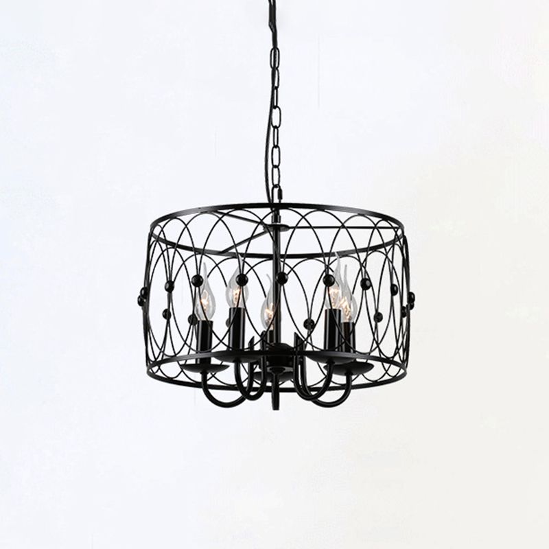 Black Drum Hanging Chandelier Rustic Style Metal 6 Heads Living Room Pendant Ceiling Light with Candle Design
