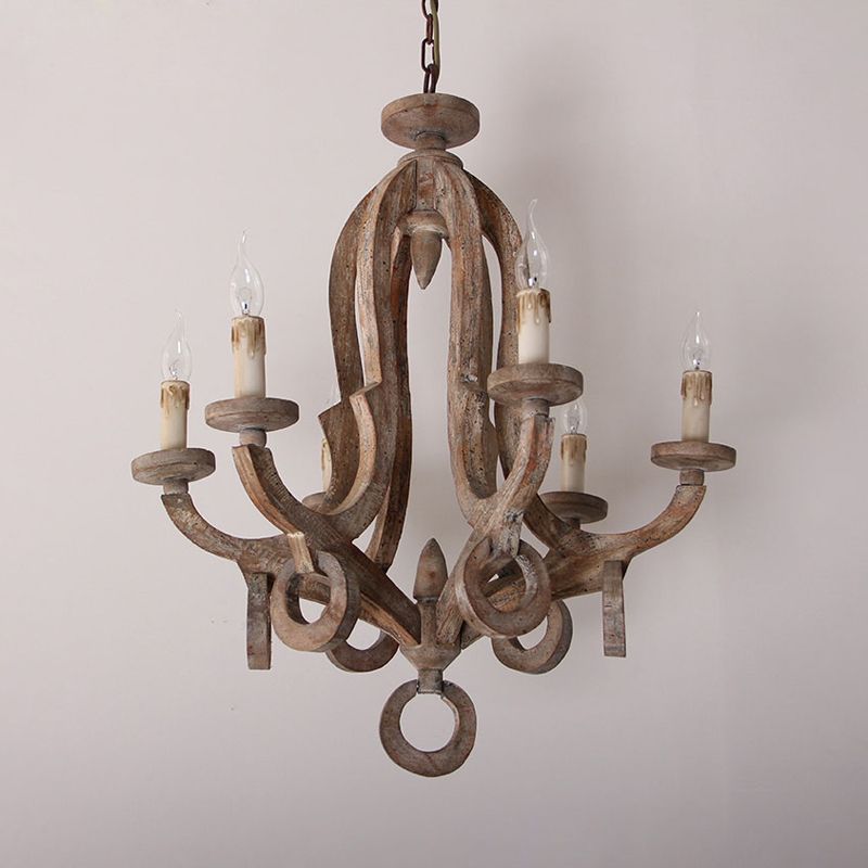 Wood Sputnik Chandelier Lamp Retro 6/8 Bulbs Brown Pendant Lighting Fixture with Adjustable Chain