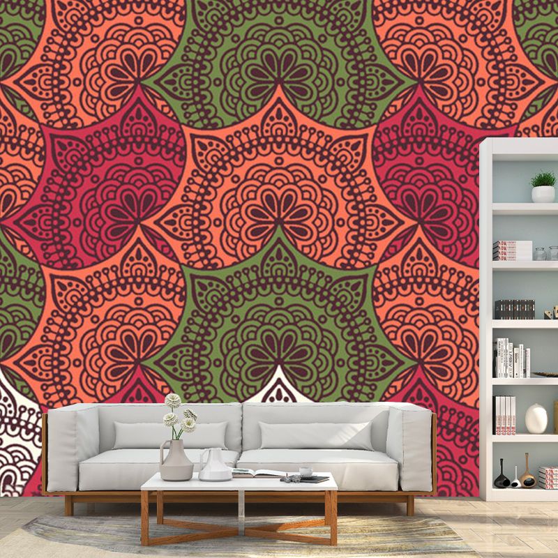 Whole Floral-Print Wall Mural Decal Orange Red Non-Woven Fabric Wall Art, Washable, Custom Size