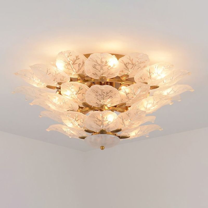 Leafy Semi Flush Mount Lamp Contemporary Frost Glass 10-Light Living Room Ceiling Fixture in Gold