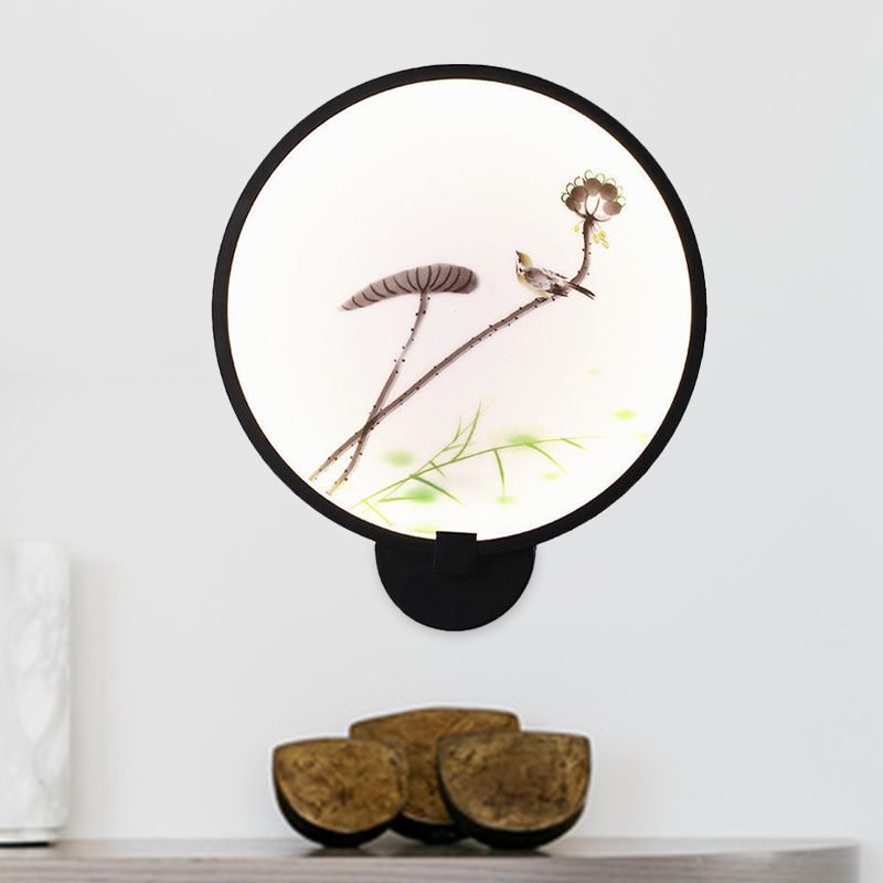 Chinese Ink House/Lotus Mural Light Acrylic Bedroom LED Circle Wall Sconce Light in Black