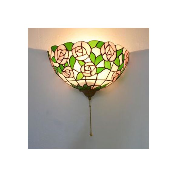 Pink Rose Wall Mount Light with Pull Chain and Green Leaf Pattern 1 Light Stained Glass Tiffany Wall Sconce Light