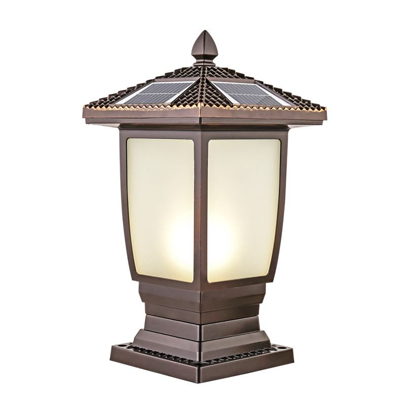 Contemporary Metal Pillar Lamp Pavilion Shape Outdoor Waterproof Light with Glass Shade