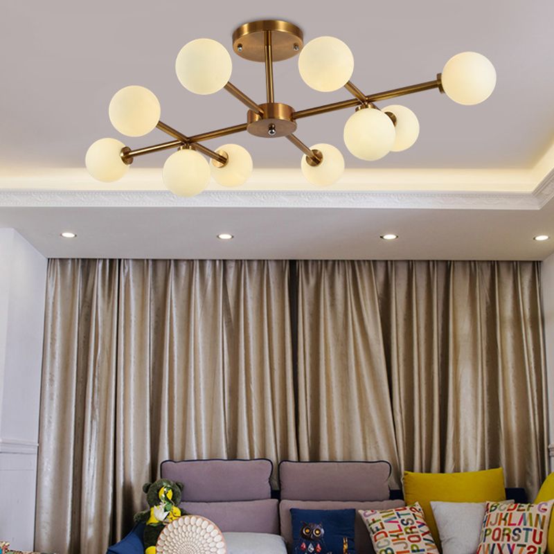 Living Room Semi Flush Light Fixture Minimalist Gold Semi Mount Lighting with Round Glass Shade