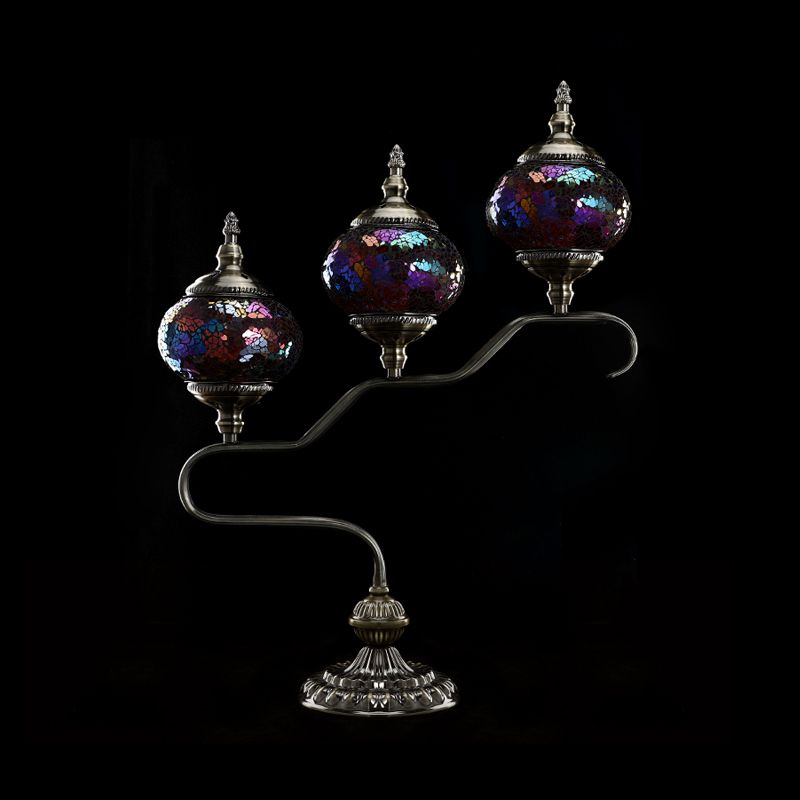 3 Heads Stained Glass Night Light Mediterranean Red/Orange/Blue Tower Bedroom Table Lamp with Step Design