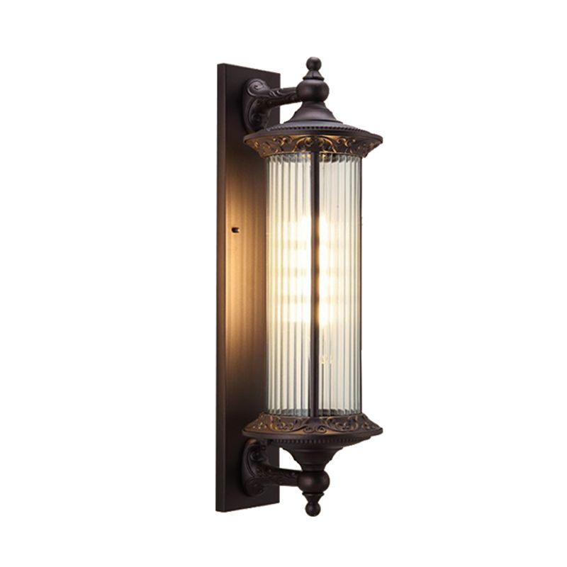 1-Light Sconce Country Outdoor Wall Mount Lamp Fixture with Cylinder Clear Ribbed Glass Shade in Dark Coffee
