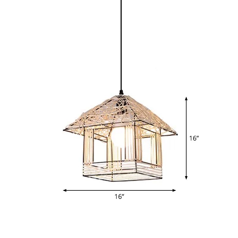 Ruffled Hat/Spiral/House Hanging Lamp Modernist Rattan 1-Light Beige Pendant Light Fixture over Table