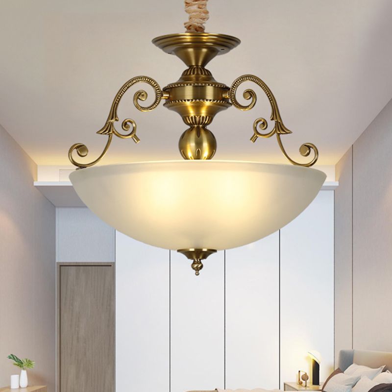 3 Heads Chandelier Light Retro Bowl Frosted Glass Pendant Lighting Fixture in Gold