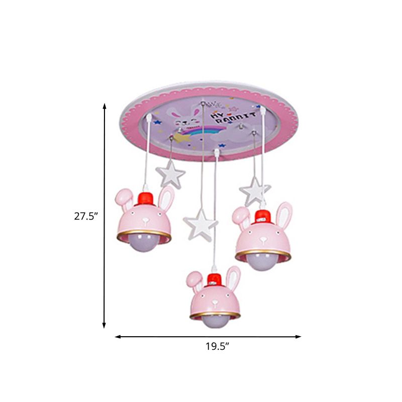 Happy Bunny Girl Bedroom Ceiling Lamp Resin 3 Bulbs Cartoon Flush Mount Fixture with Suspended Dome Shade in Pink