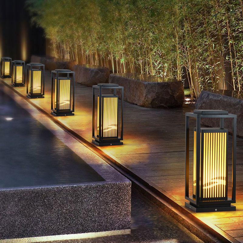 Rectangular Solar Pillar Lamp Modern Black Waterproof Light for Courtyard