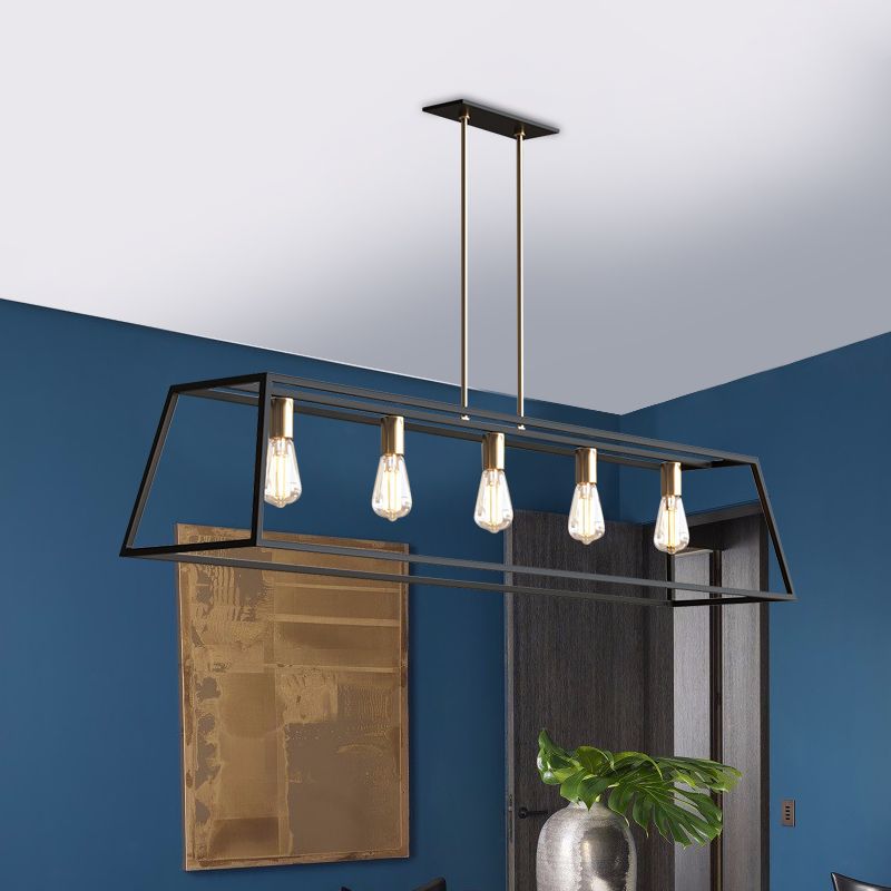 5 Bulbs Metal Island Light Fixture Industrial Black Trapezoid Dining Room Ceiling Suspension Lamp