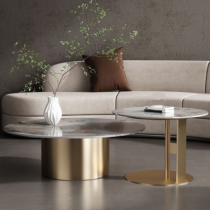 Modern Round Slate Cocktail Table Stainless Steel Pedestal Coffee Table